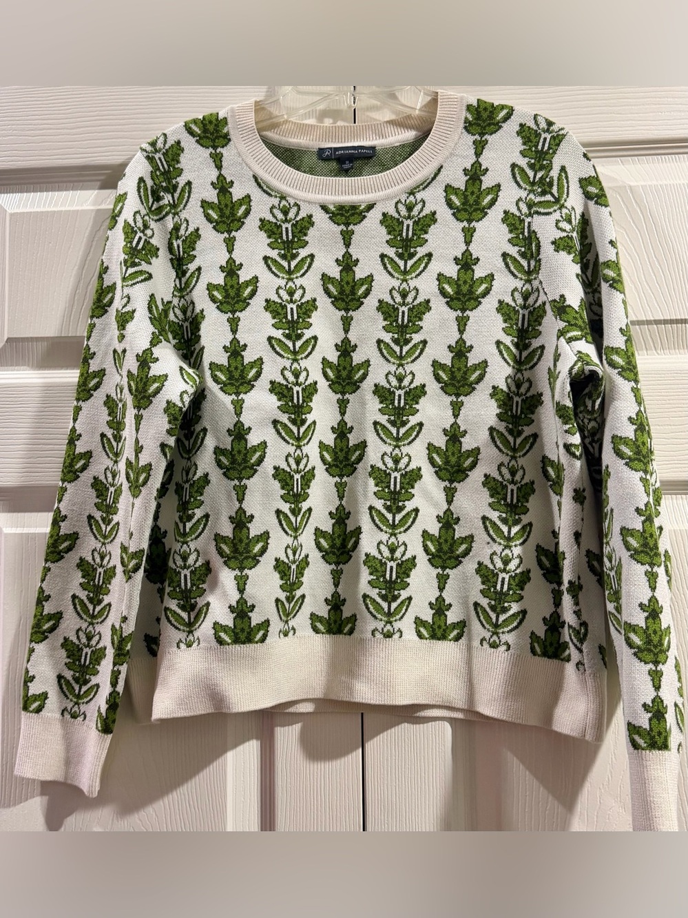 Adrianna Papell Sweater Womens M Ivory Green Floral Long Sleeve Crew Neck Knit